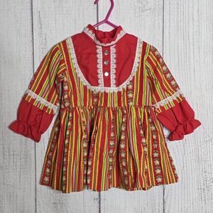 Vintage 70s Joseph Love Girls Prairie Dress Folk Art Floral Mod, sz 2